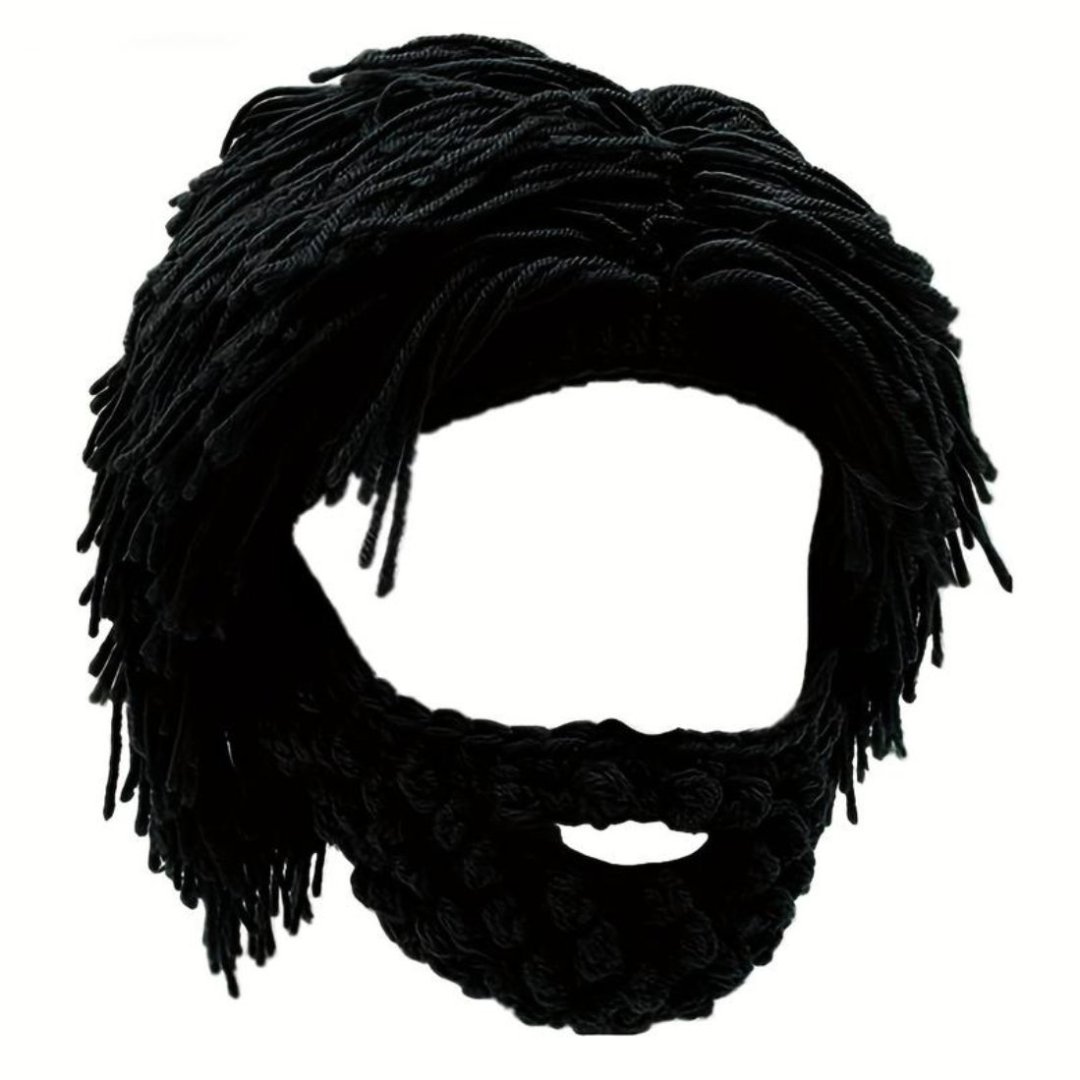 Acrylic Punk Style Beanie with Attached Straight Hair Wig and Knitted Beard